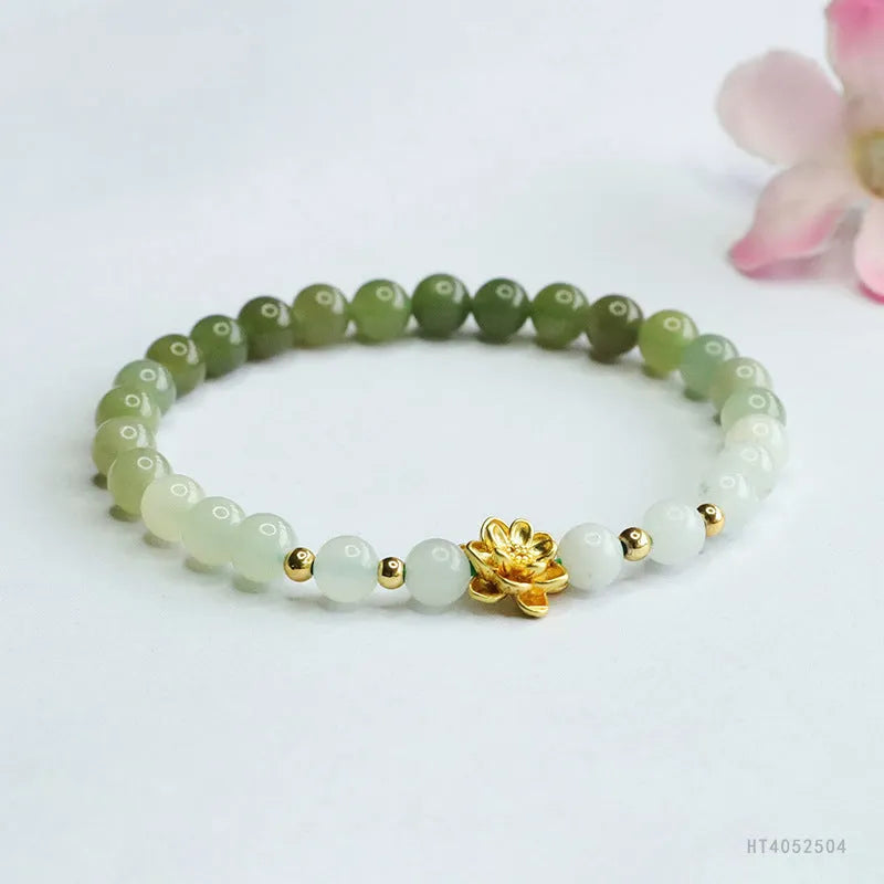 Hand-woven Hetian jade bracelet with water gradient colour and 6mm floral beads