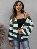 Women's striped cardigan sweater with deer plush fabric in blue, black, brown, or dark green colours