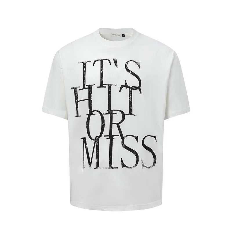 Men's American retro-style letter printed t-shirt in loose fit blue or white cotton blend fabric