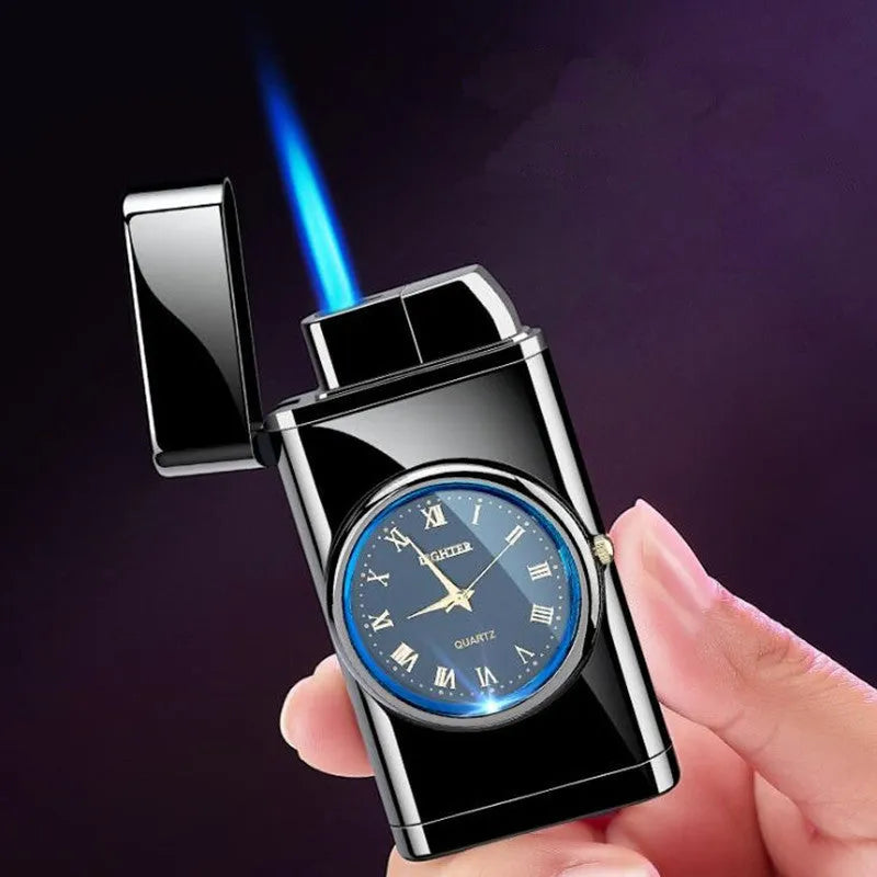 Metal electronic watch cigarette lighter with LED flashing lamp in black brushed finish
