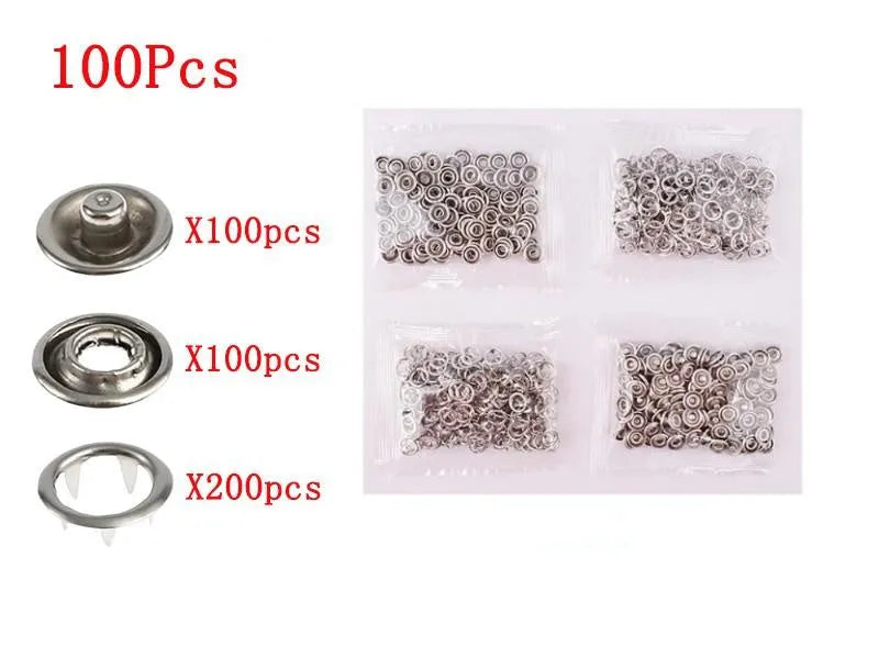 Five claw no-sew button fastener tool and stainless steel buttons for children's clothing.