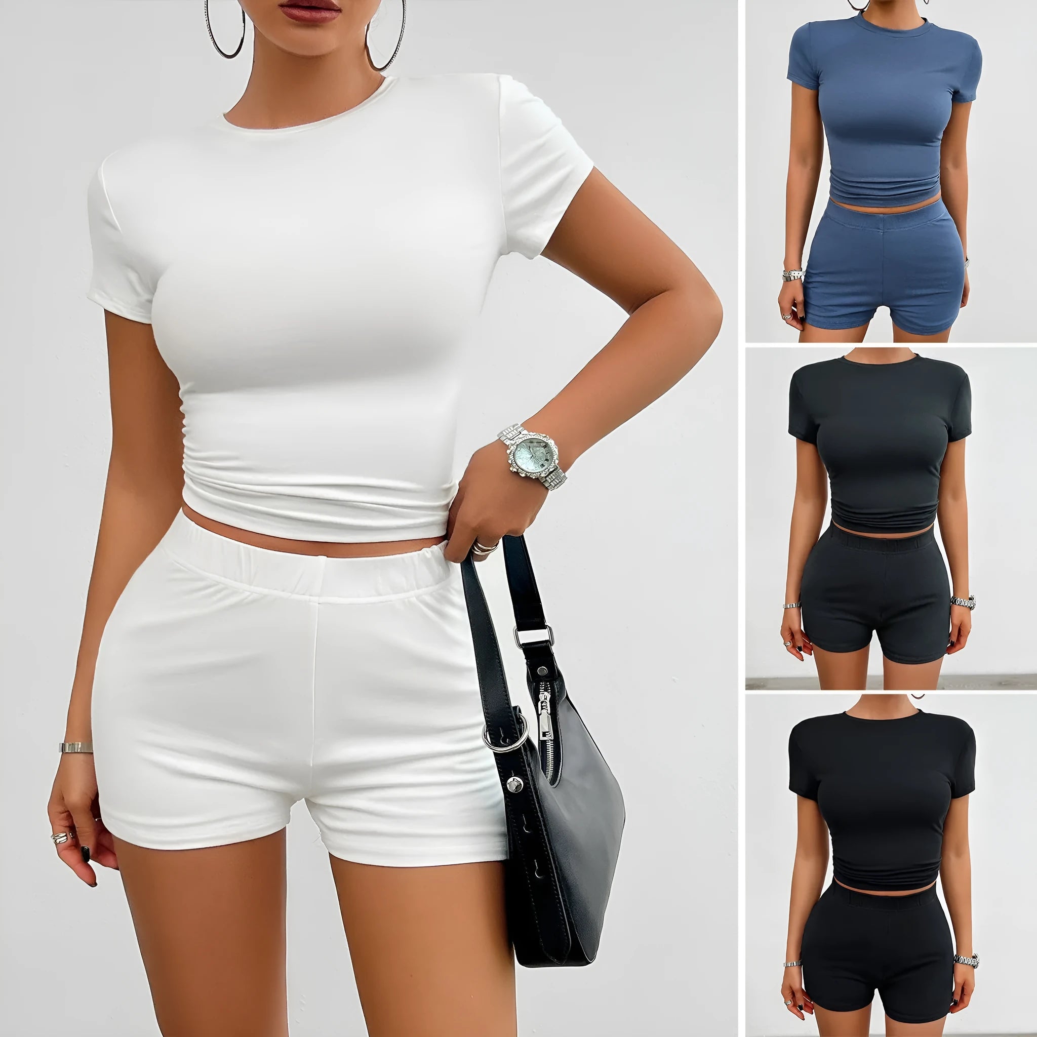 Women's solid colour viscose fibre summer sports suit two-piece set with t-shirt and shorts.