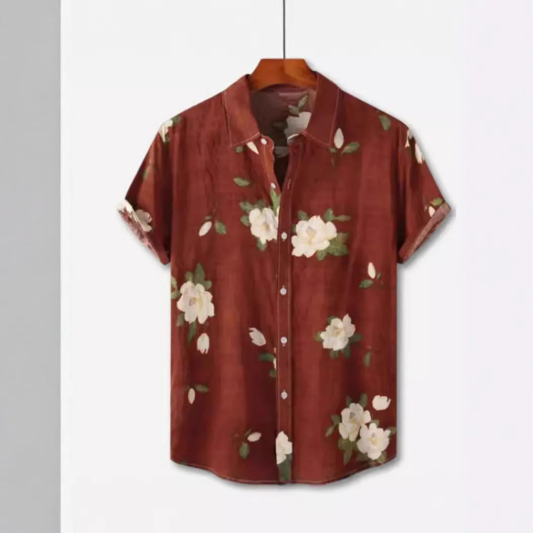 Man wearing a vibrant Hawaiian floral print short sleeve cardigan-style shirt
