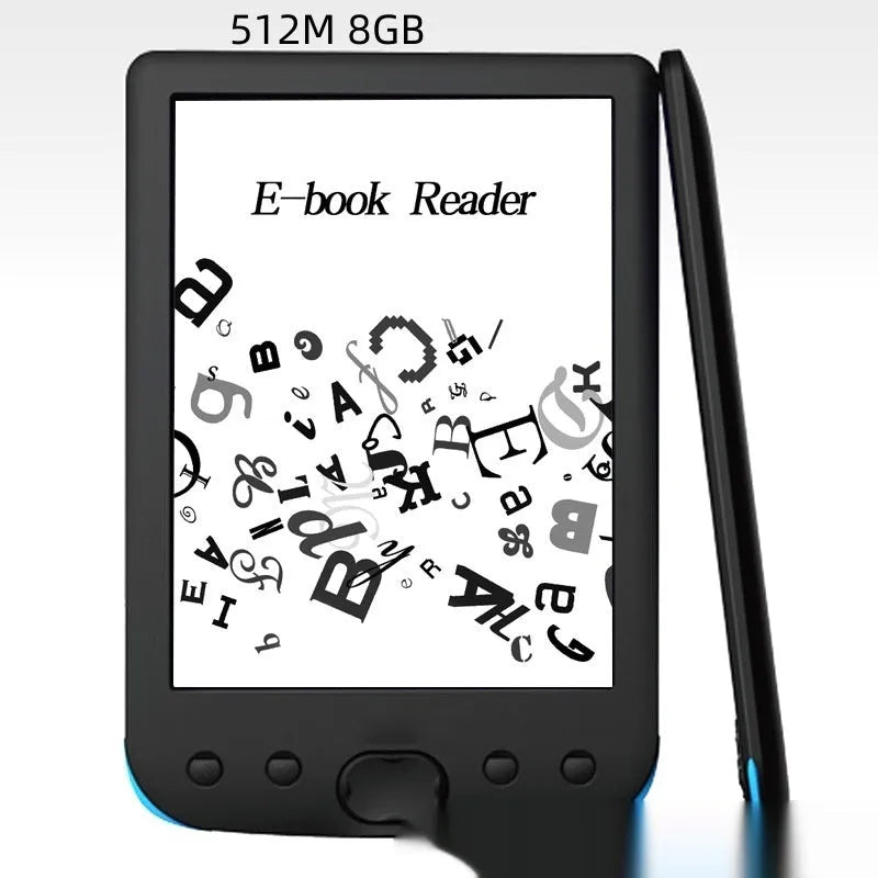 Black 6-inch E-ink e-book reader showing its paper-like display screen