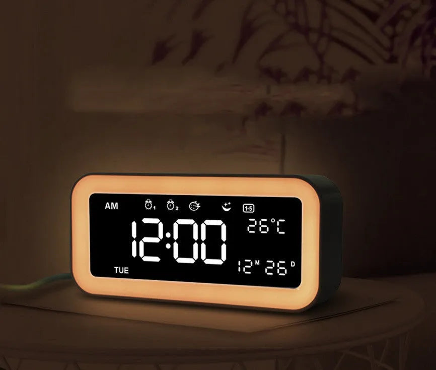 Rectangular American style LED alarm clock with multicoloured atmosphere lighting and digital display