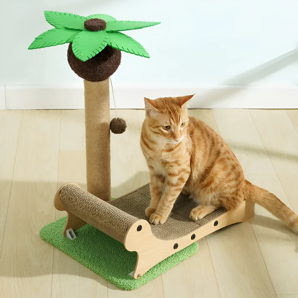 Wooden beach chair designed for cats, featuring a climbing frame, integrated scratch board, and hemp mat.