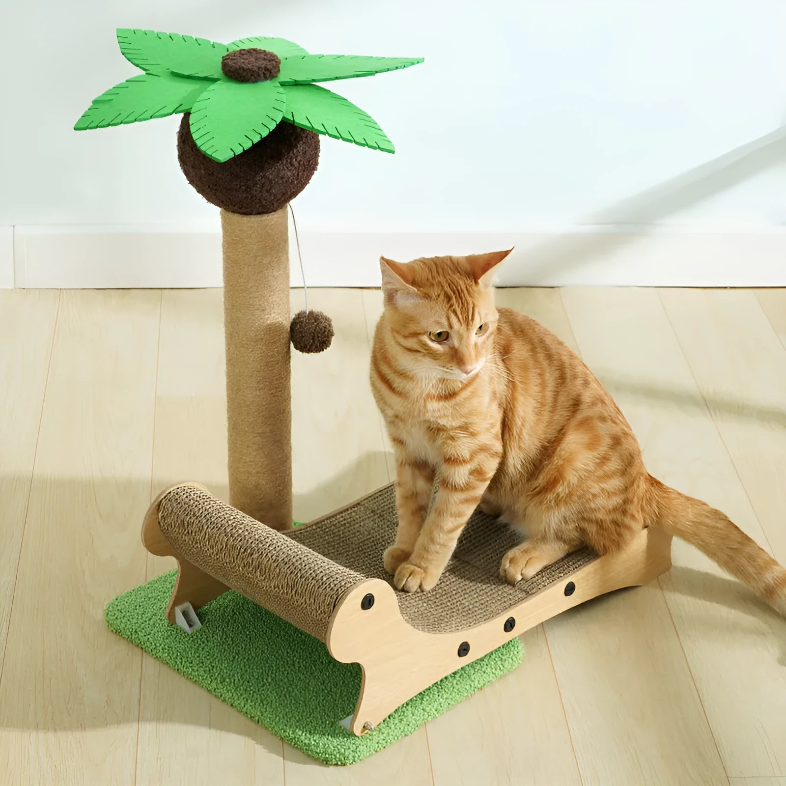 Wooden beach chair designed for cats, featuring a climbing frame, integrated scratch board, and hemp mat.