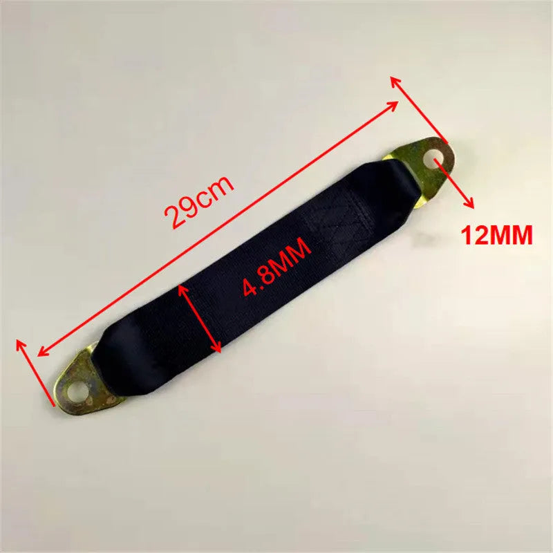 Woven polyester door latch and stop belt with metal hook-and-loop fasteners and mounting screws.