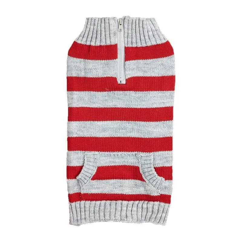 Grey dog sweater on a small breed, showing horizontal front zipper and chest pocket with button.
