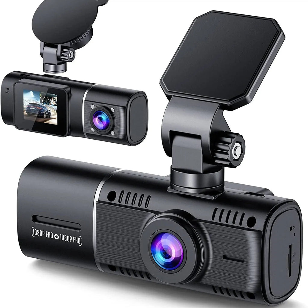 Standard black car dash cam with 1.5-inch screen, mounted on a stand, showing front camera lens