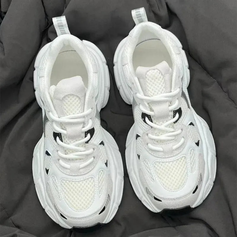 Beige mesh sports shoes with wedge heel platform and front lace-up fastening