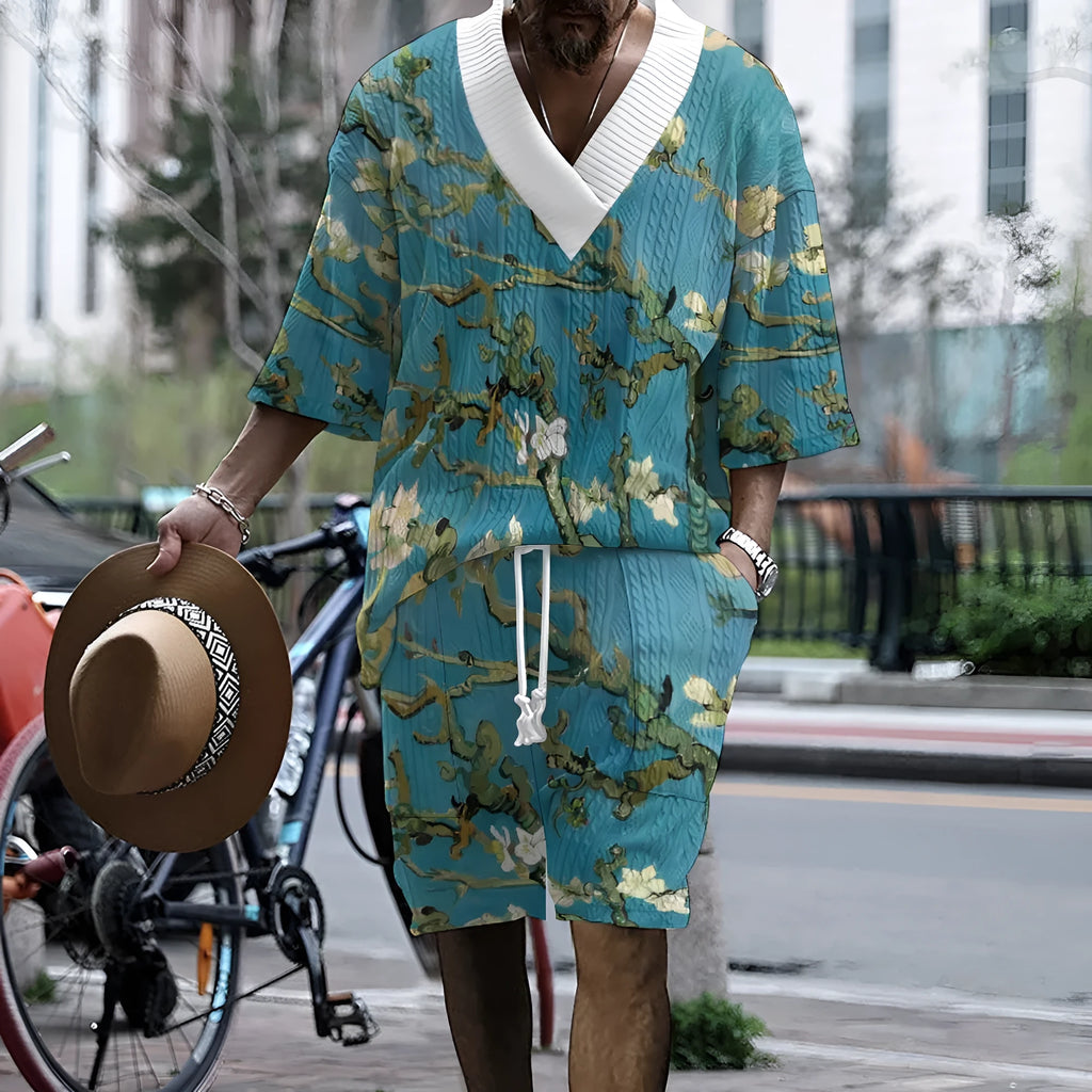 Men's peacock blue 3D printed knitted shorts suit with T-shirt top and mid-length trousers
