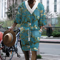 Men's peacock blue 3D printed knitted shorts suit with T-shirt top and mid-length trousers