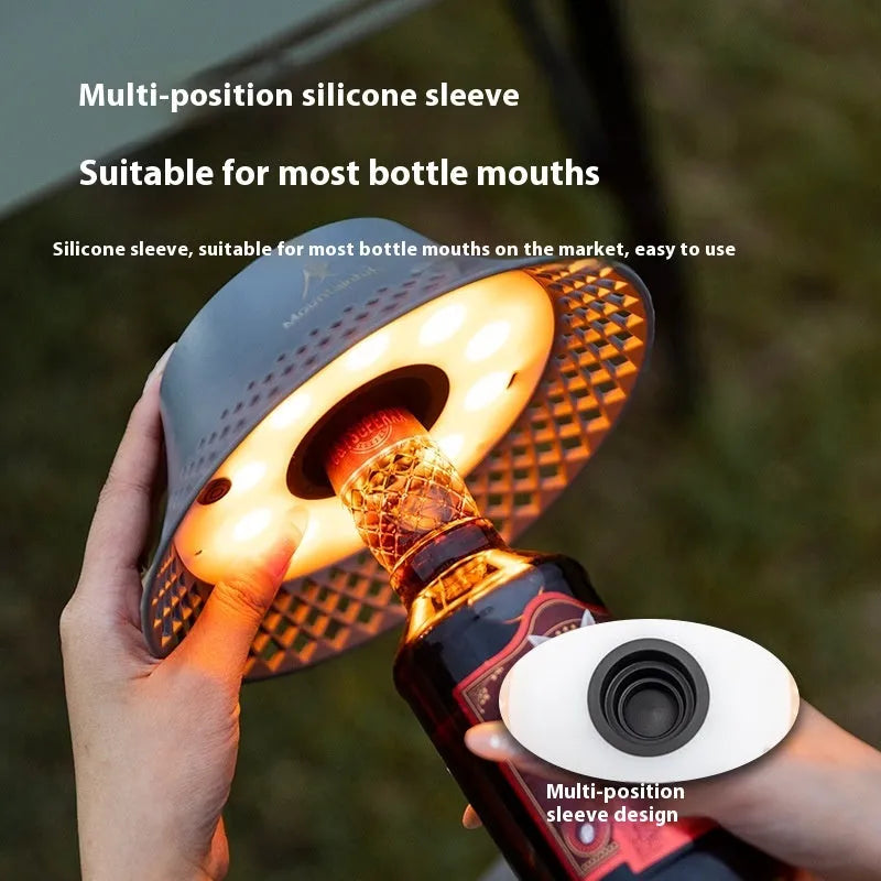 Wine bottle design camping lantern in beige or grey colour with USB-C charging port