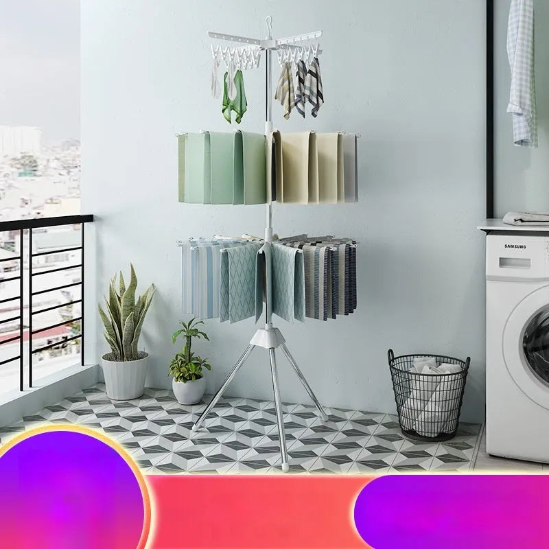 Stainless steel three-layer mobile clothes drying rack with split plastic clips.