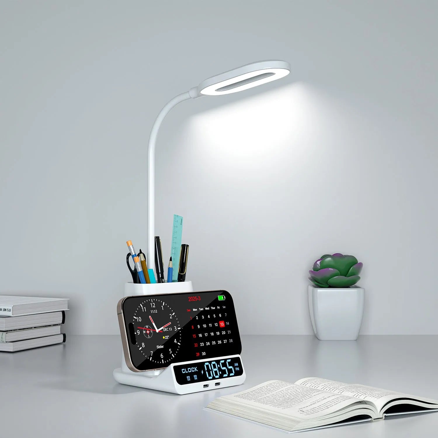 Black wireless charging desk lamp with pen holder and storage compartments