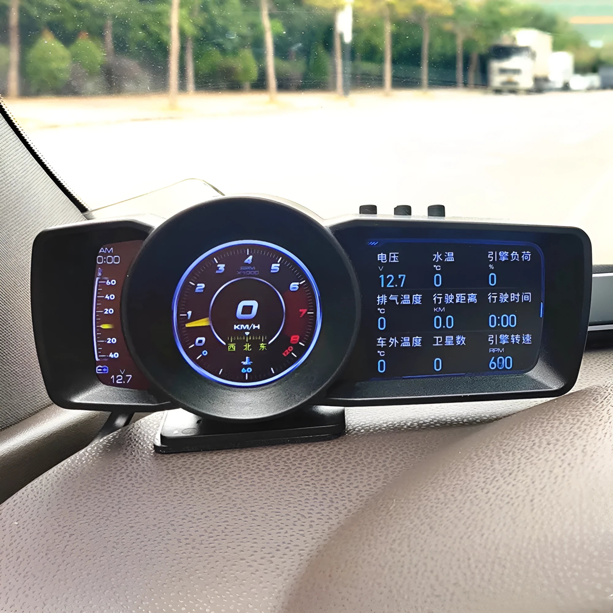 A600 OBDII monitor computer with 4.3-inch screen showing vehicle diagnostics data and GPS navigation display