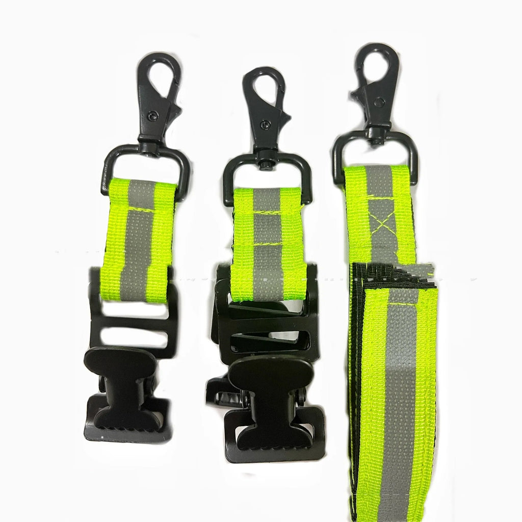 Fluorescent green reflective metal buckle clip for securing safety and work gloves.