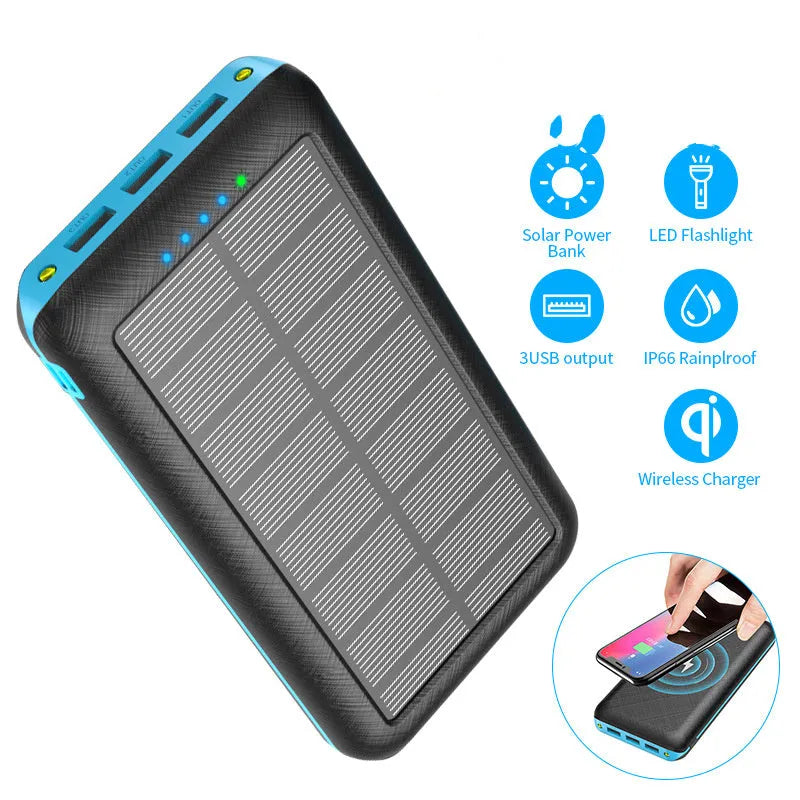Portable power bank with wireless charging surface and USB ports in black colour