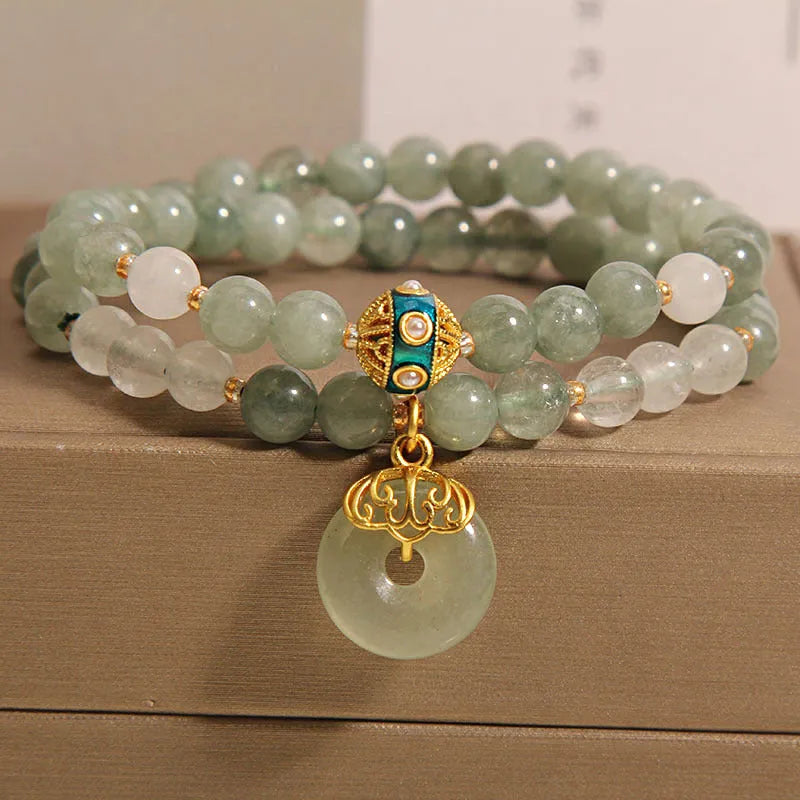 Women's green aventurine jade double-layer bracelet with crystal rhinestones and peace buckle closure