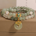 Women's green aventurine jade double-layer bracelet with crystal rhinestones and peace buckle closure