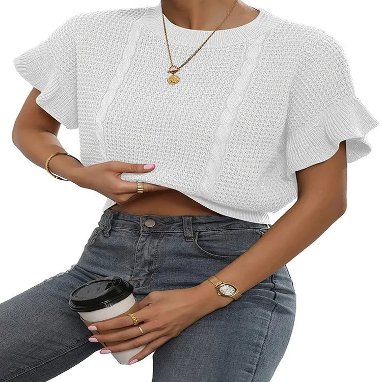 Twisted string ruffle sleeve knitted pullover sweater in loose casual fit