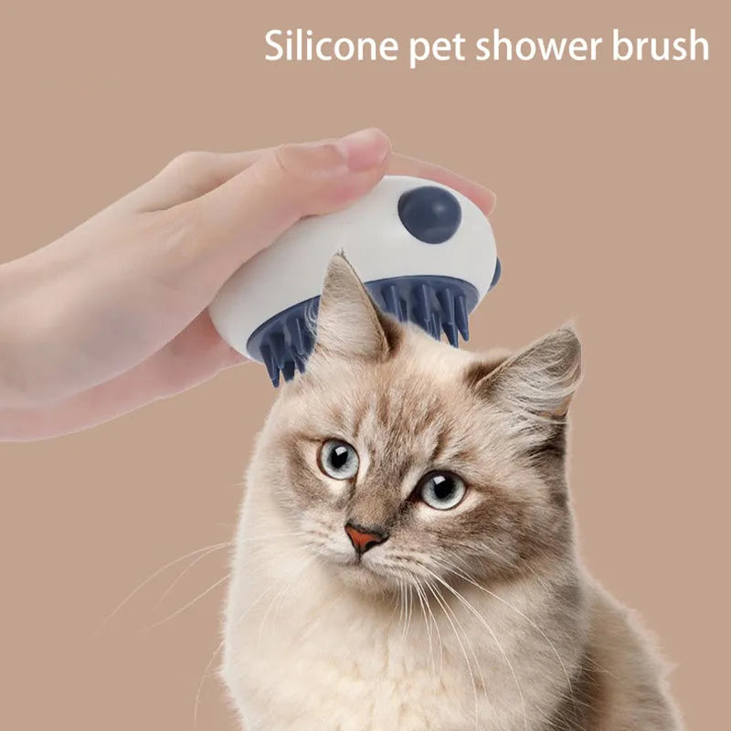 Panda-shaped silicone pet bath brush with soft bristles for cats and dogs in blue.