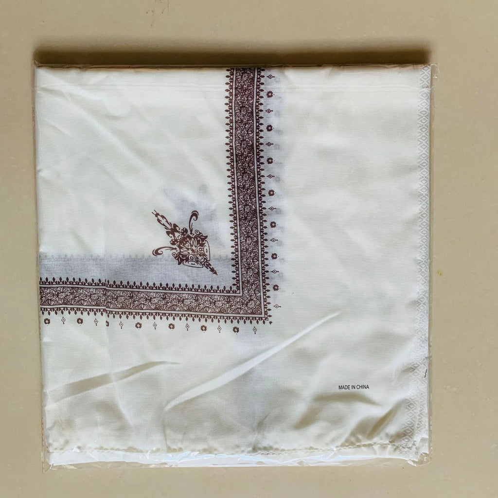Printed square polyester scarf showing 138cm x 138cm dimensions with solid colour options