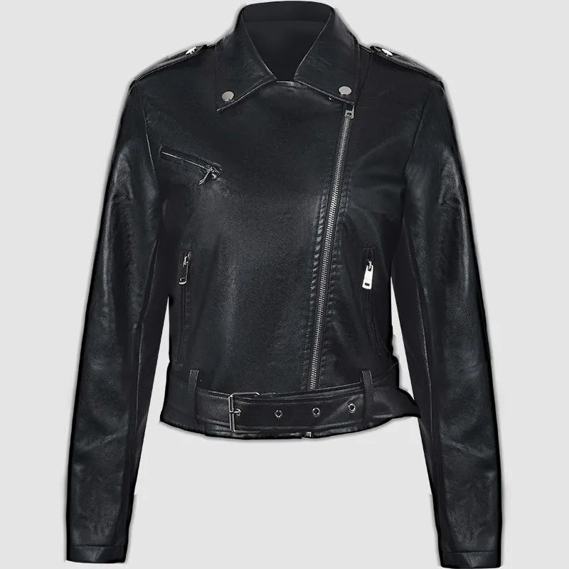 Red women's short PU leather jacket with lapel collar and an adjustable waist belt