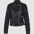 Red women's short PU leather jacket with lapel collar and an adjustable waist belt