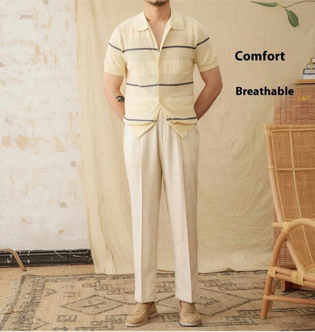Camel coloured short sleeve linen cotton cardigan with lapel collar on a hanger