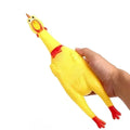 Yellow rubber squeaky chicken dog chew toy shown in small, medium, and large sizes.