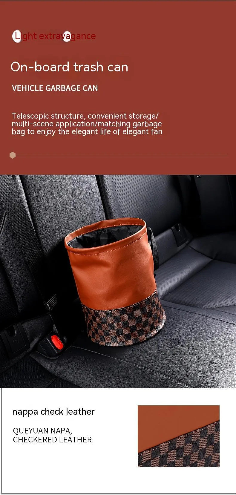 Leather retractable folding car trash can with handle shown in vehicle interior
