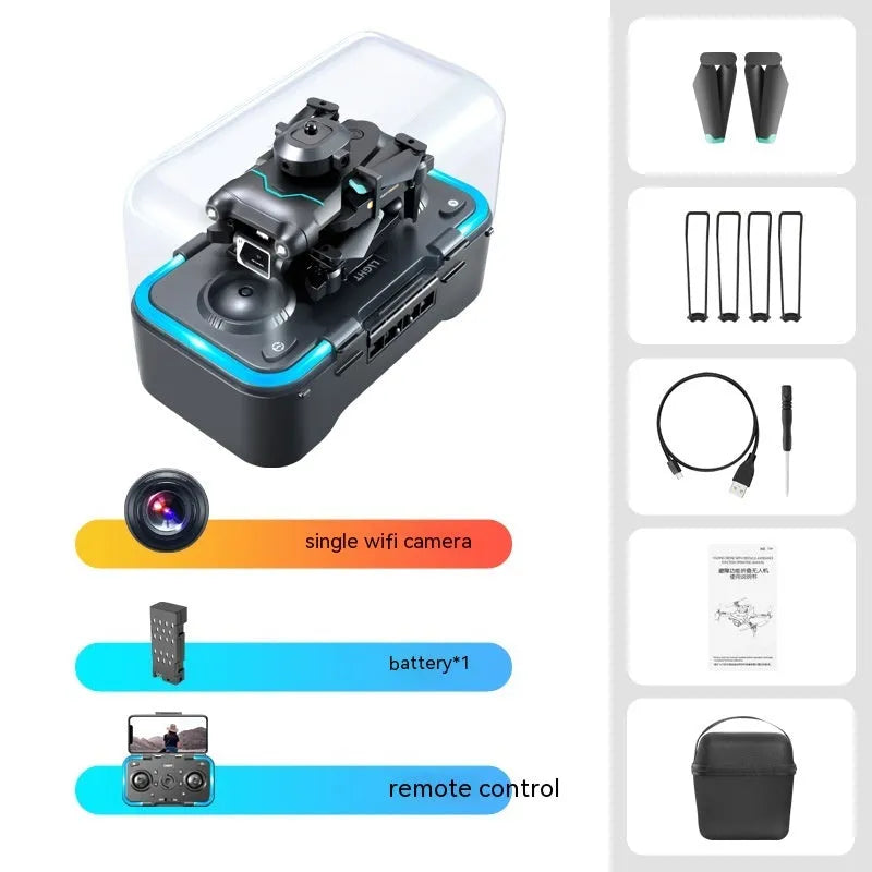 Black four-axis obstacle avoidance drone with mini design under 30cm, shown with dual camera configuration.