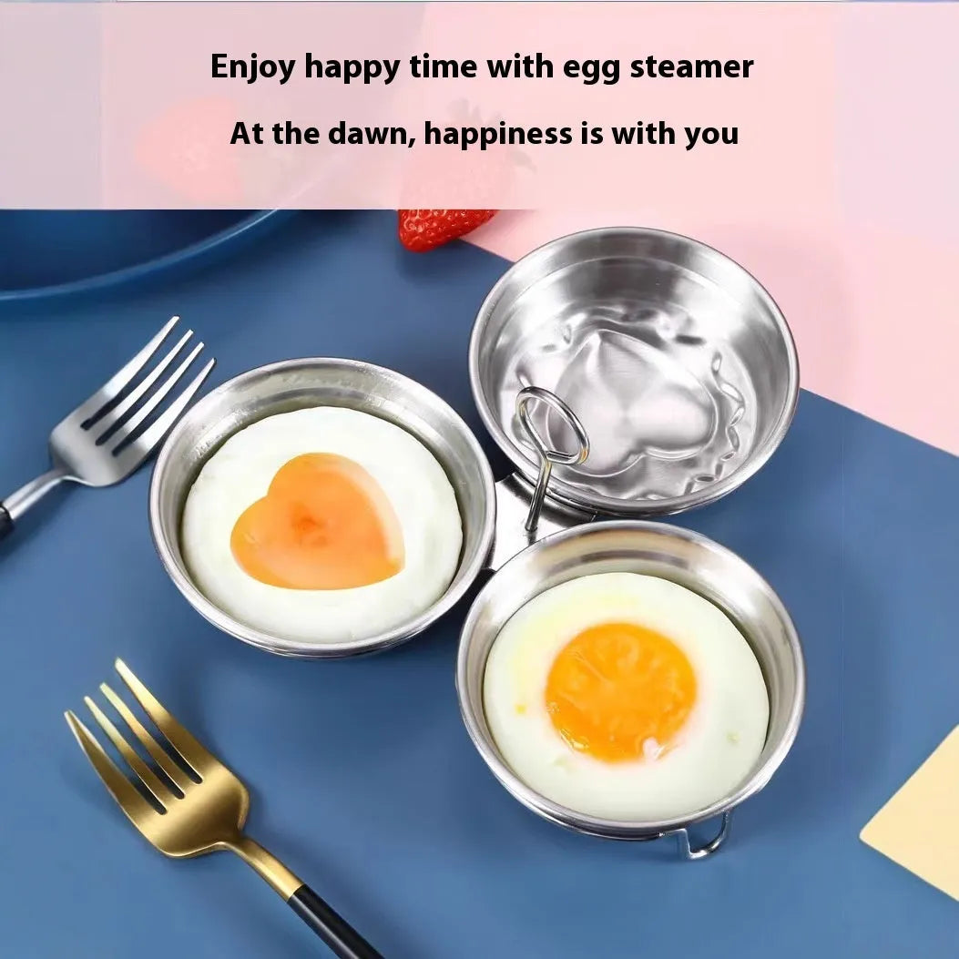 Mini stainless steel heart-shaped and round egg steamer cooker for single eggs.