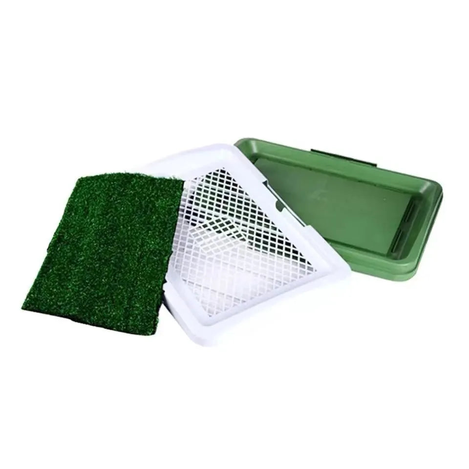 Green artificial grass dog toilet patch measuring 69cm square with three-layer construction for indoor pet training