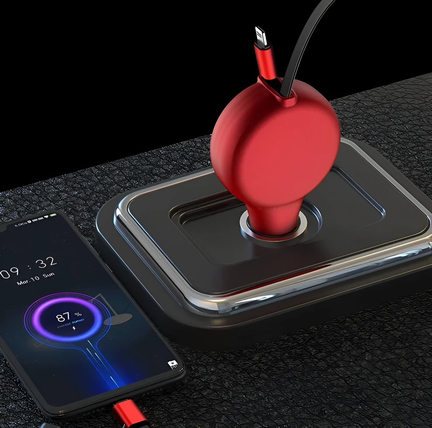 Retractable car charger with extended cables showing three charging heads in black or red colour