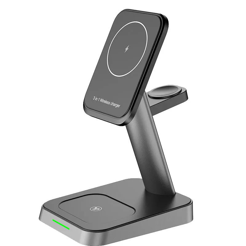 Black minimalist three-in-one wireless charging station with phone stand and watch pad, 10000mAh power bank
