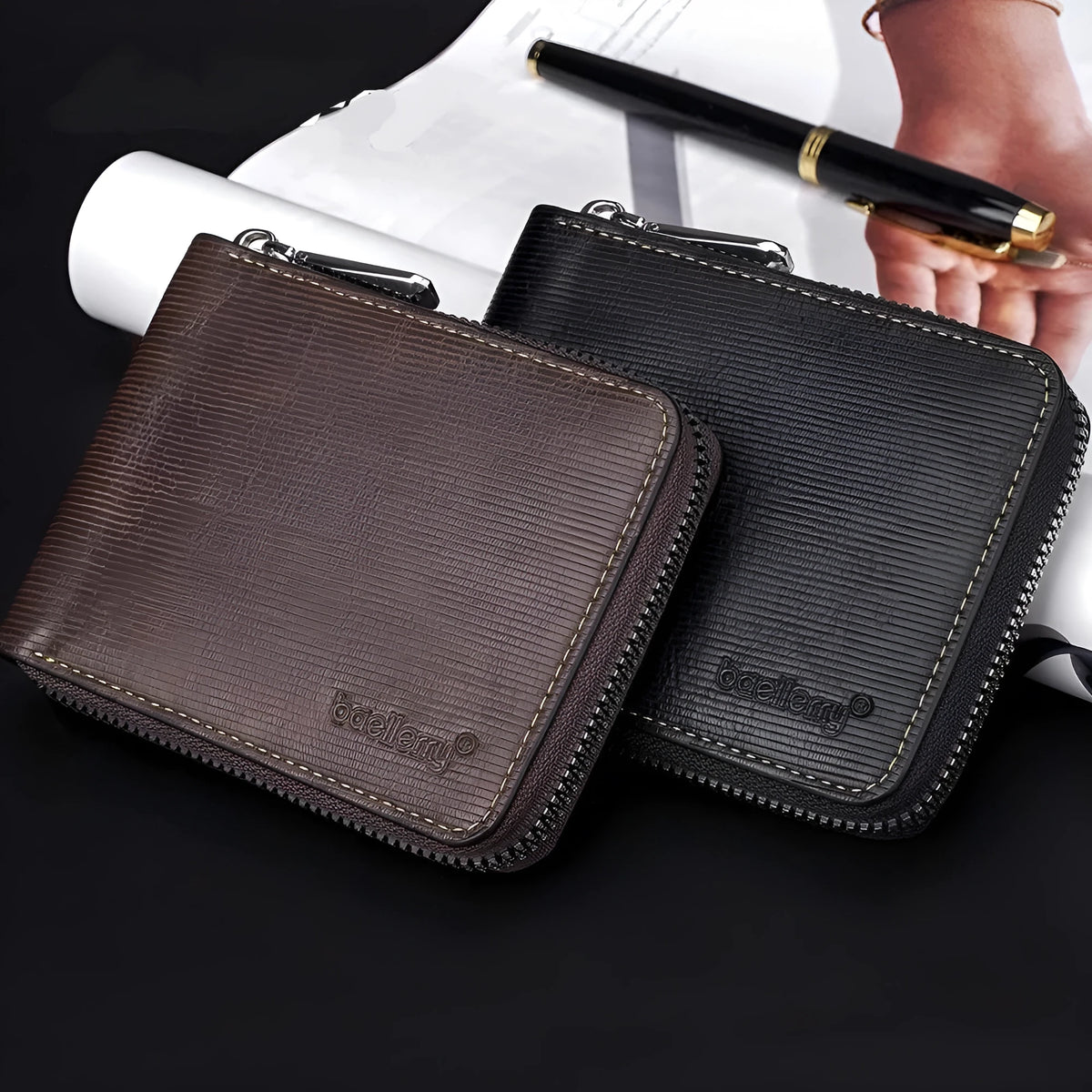 Leather anti-theft credit card wallet with zipper closure in black or brown colour with embossed detail