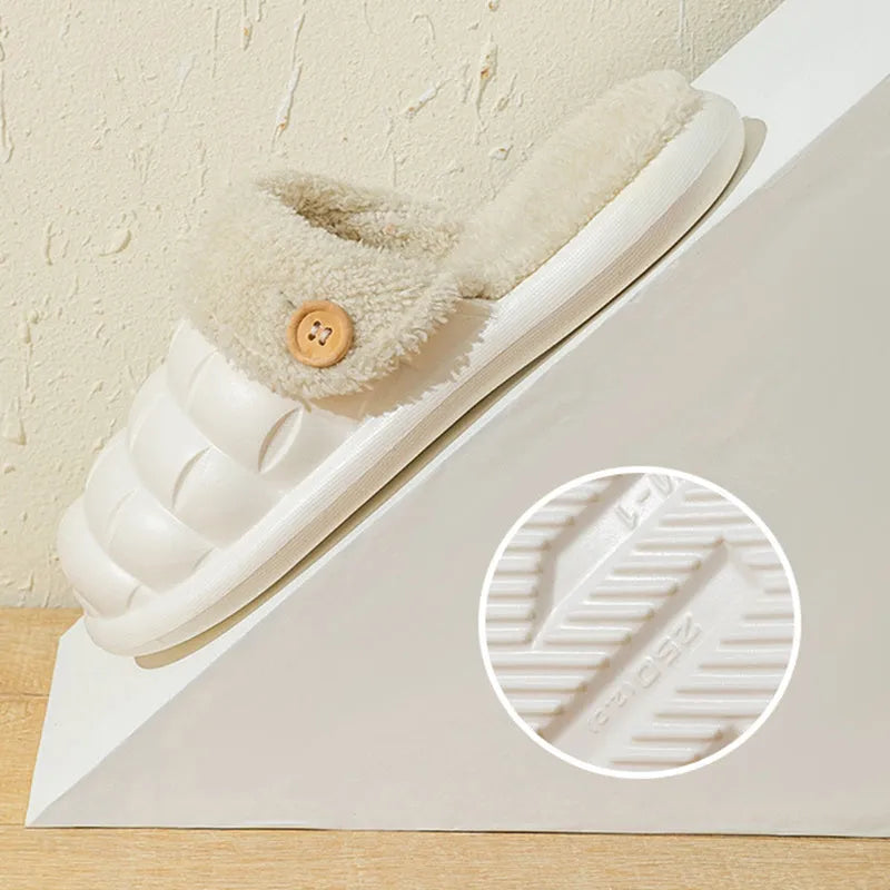 Plaid detachable slippers with plush lining and a textured EVA sole, shown in pink.