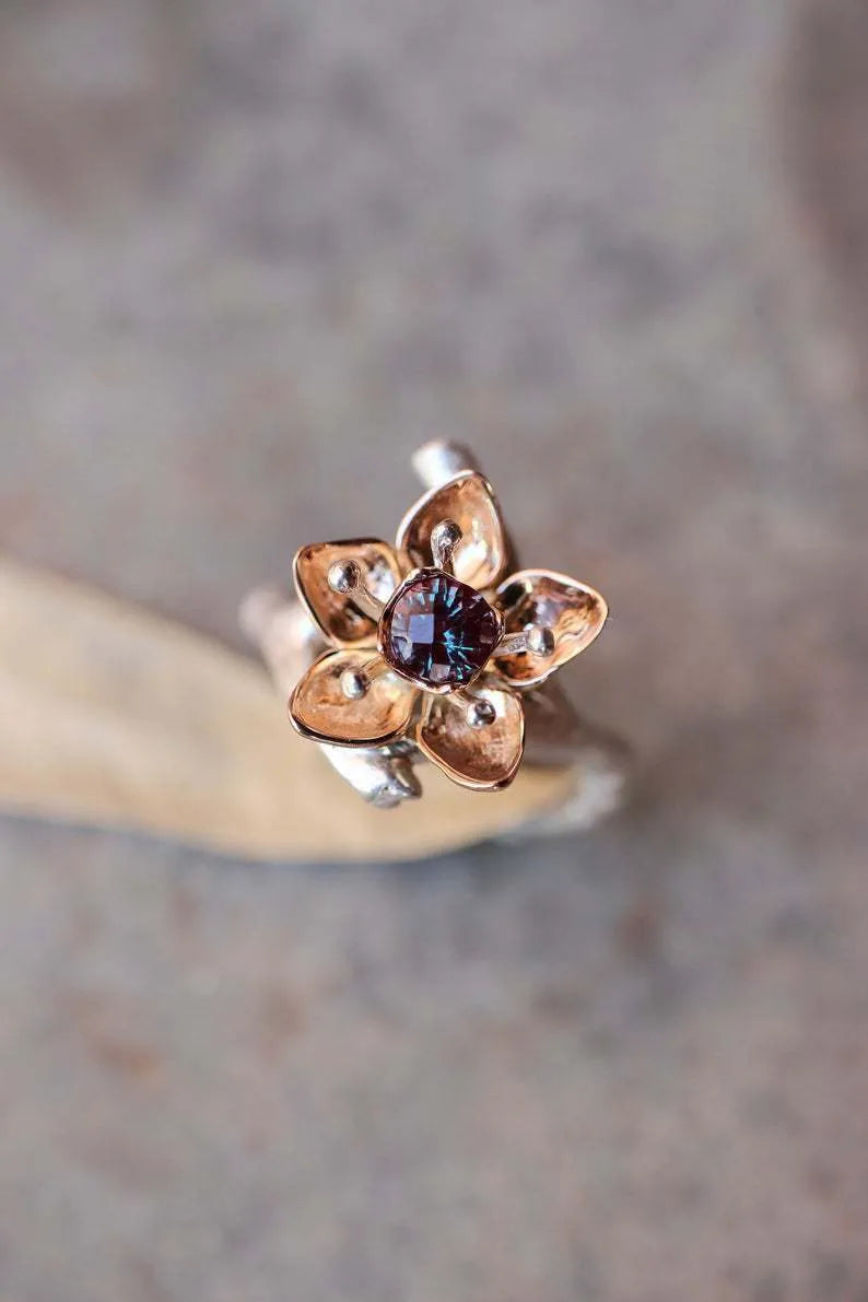 Silver two-tone floral geometric alloy women's ring available in sizes 5 to 11