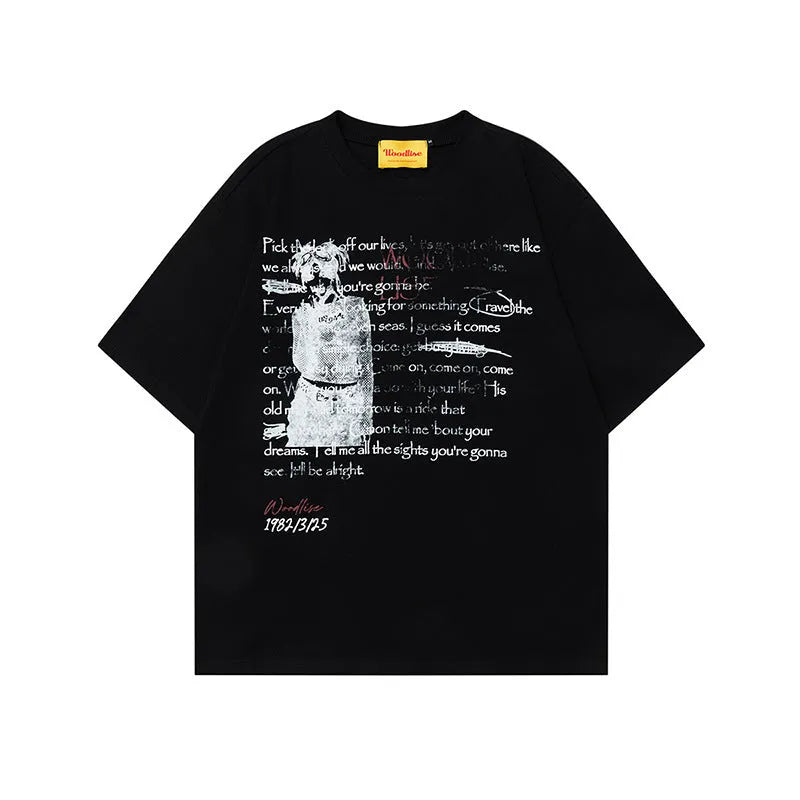 Men's black pure cotton loose T-shirt with white letter print and short raglan sleeves.