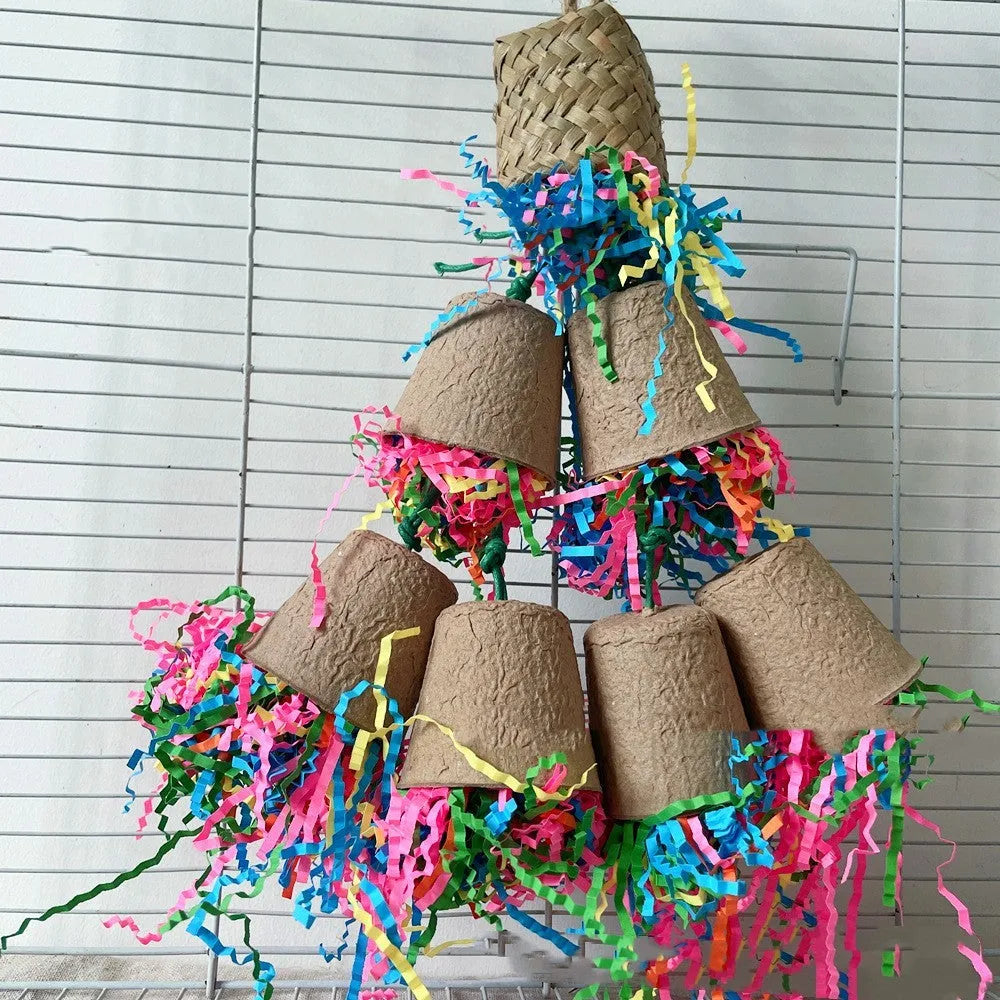 Wood colour parrot paper cup palm weaving gnawing toy hanging at 38cm height