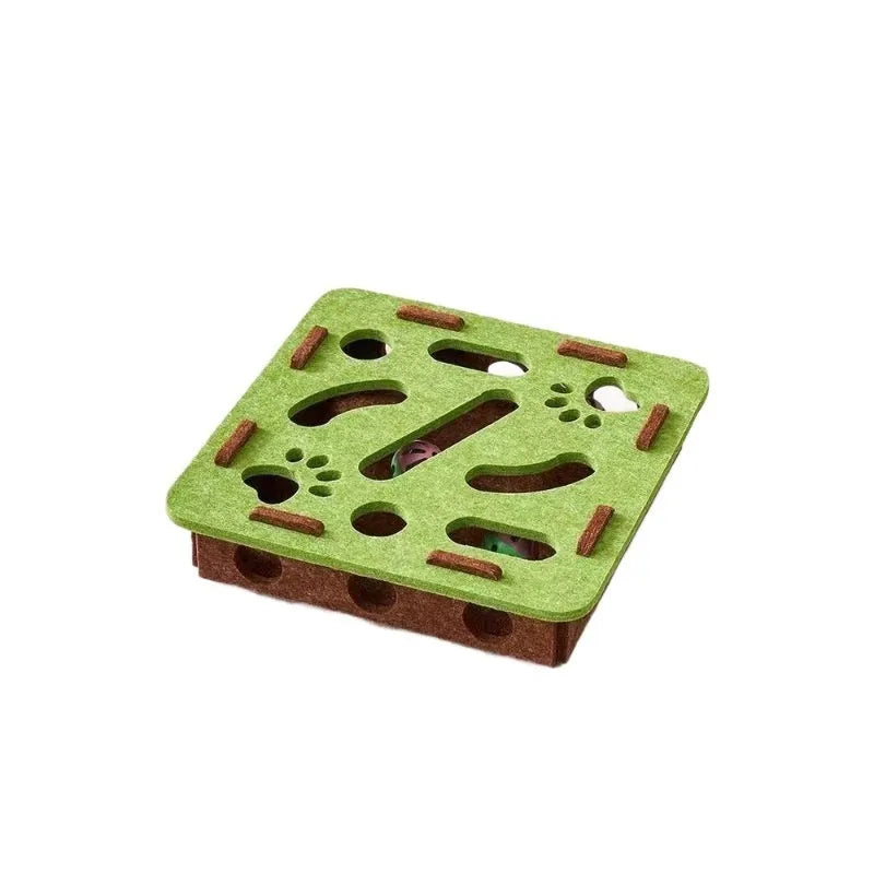 Square felt cat toy with central hole in green brown, camel white, or grey colour