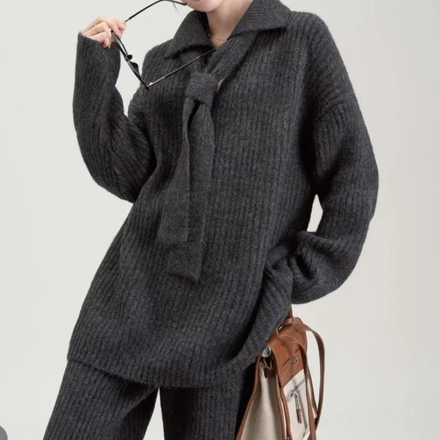 Women's dark grey knit sweater and matching trousers casual two-piece set