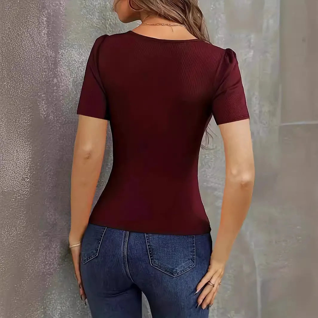 Women's low neckline slim fit knitted short sleeve top in polyester fabric available in three colours