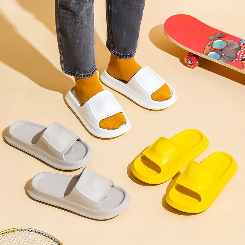 Thickened EVA flip-flop slippers in multiple colours showing the sole thickness.