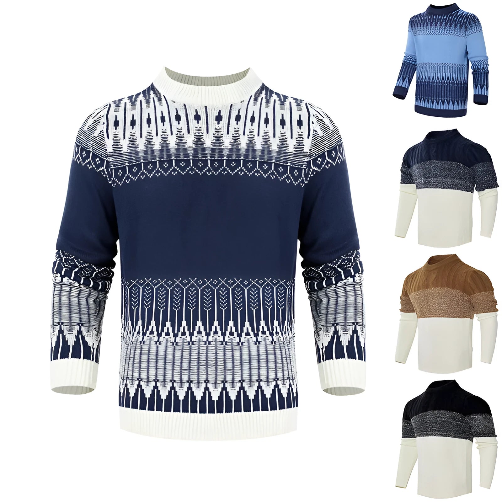Men's knitted long-sleeved pullover sweater on a model, shown in one of several available styles.