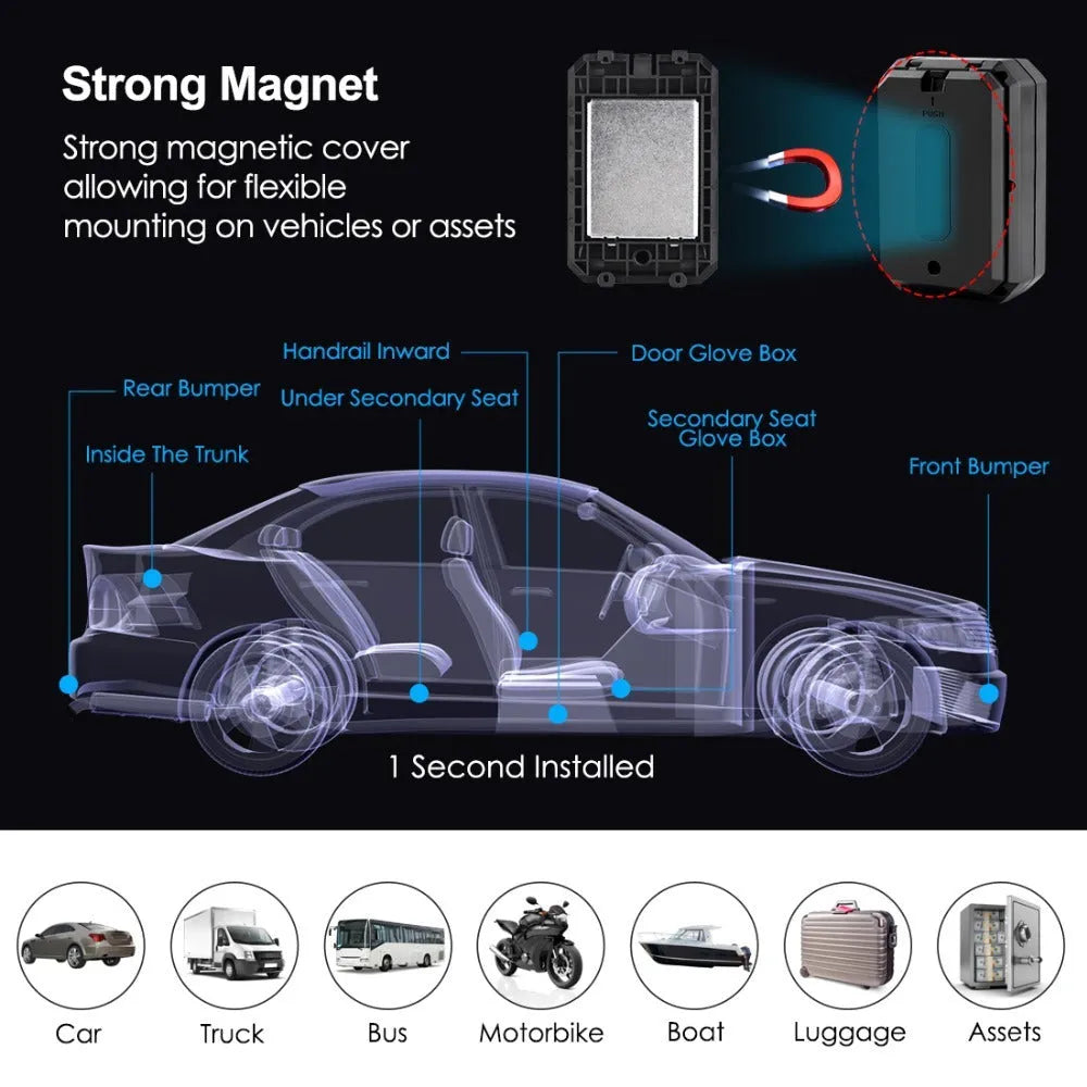 Black GPS car locator device with 6000mAh battery and IP65 waterproof rating.