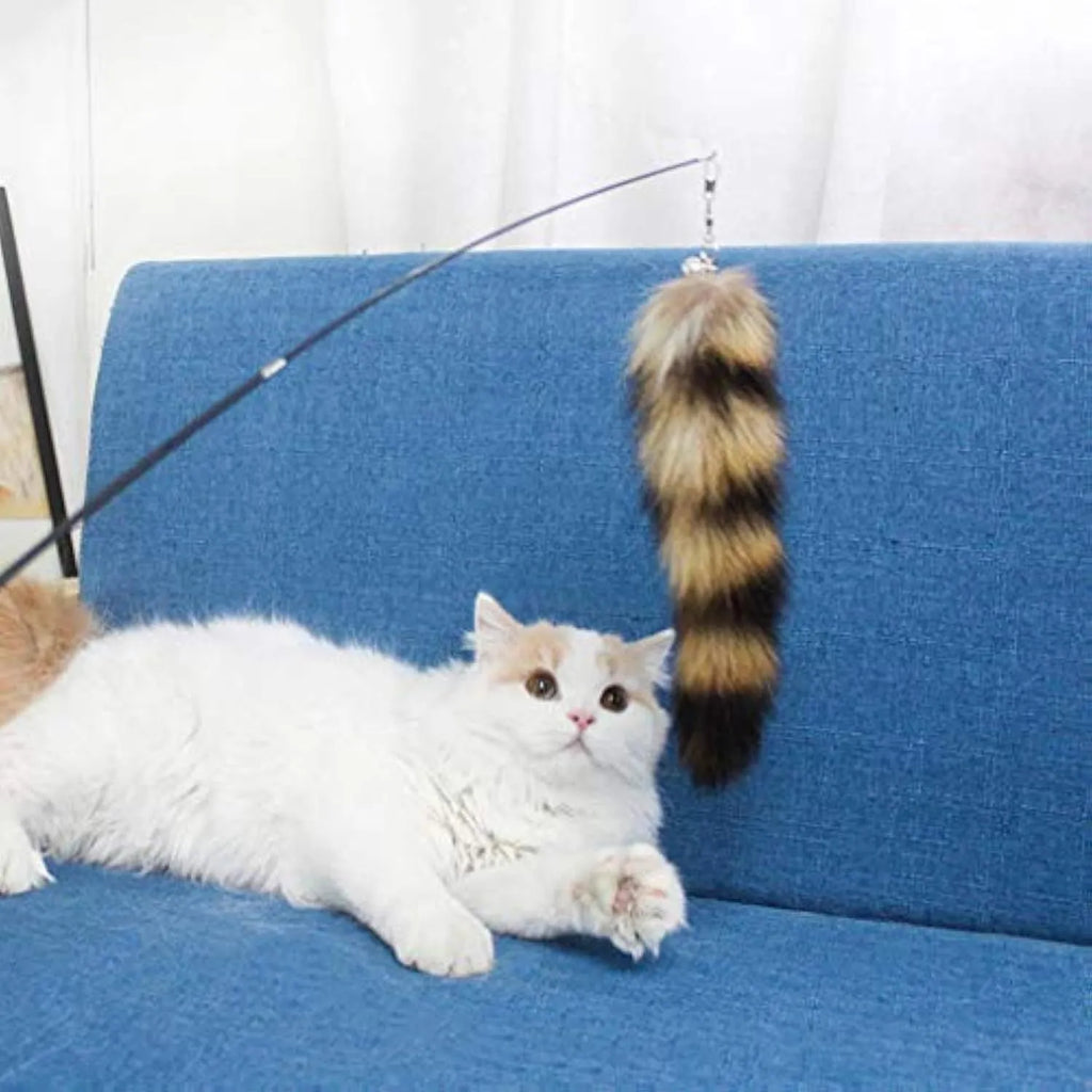 Black cat toy wand with feather teaser on elastic string, 42cm length